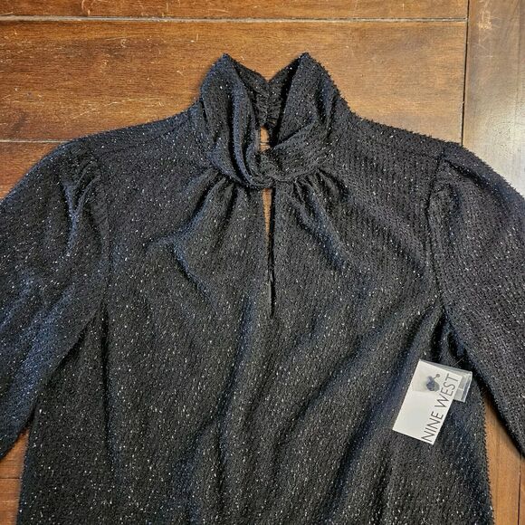 Nine West Blouse Small Black Metallic Long‎ Sleeve Keyhole Mock Neck Top Office - Picture 3 of 15